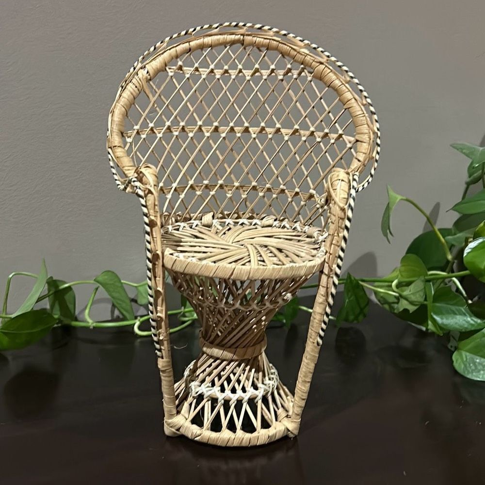Rattan Peacock Chair Vintage 16” Doll Chair Plant Stand